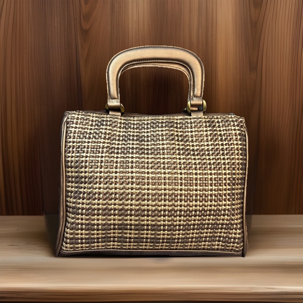 Vintage Satchel Purse‎ Top-Handle Brown Copper Woven 3 Compartment Bag Preppy